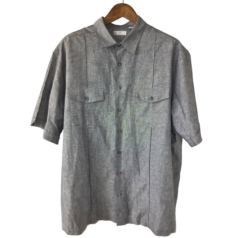 Café Luna Mens sz 2XL Blue Linen Blnd Casual Shirt Short Slv Button Front NEW